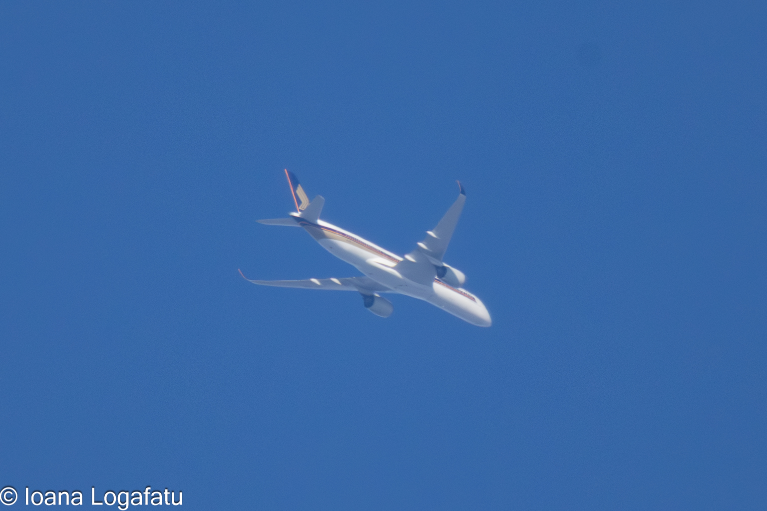 Airplane soaring high above a clear blue sky